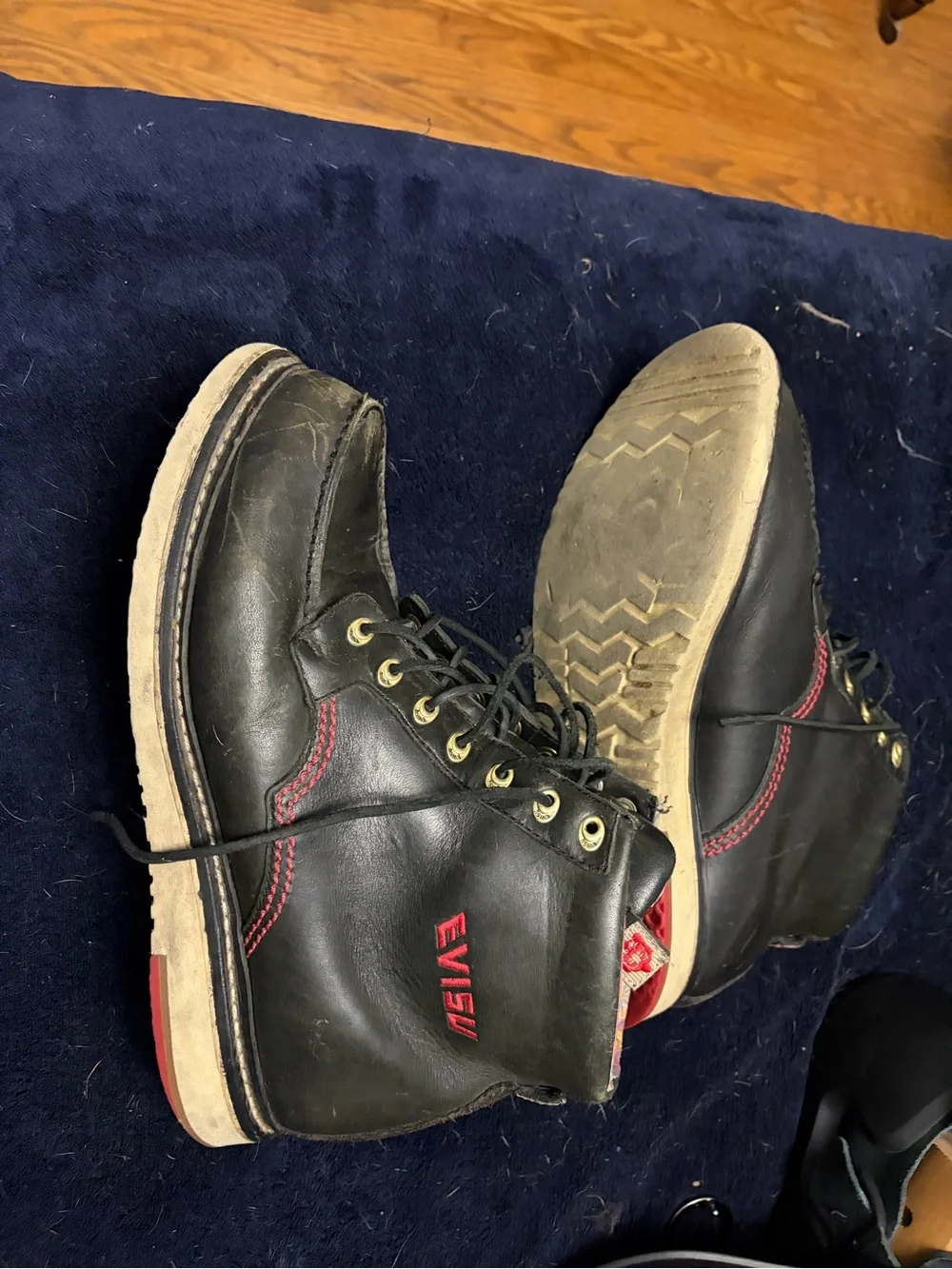 Evisu Black Leather Ankle Boots with Red Stitching and Red Logo